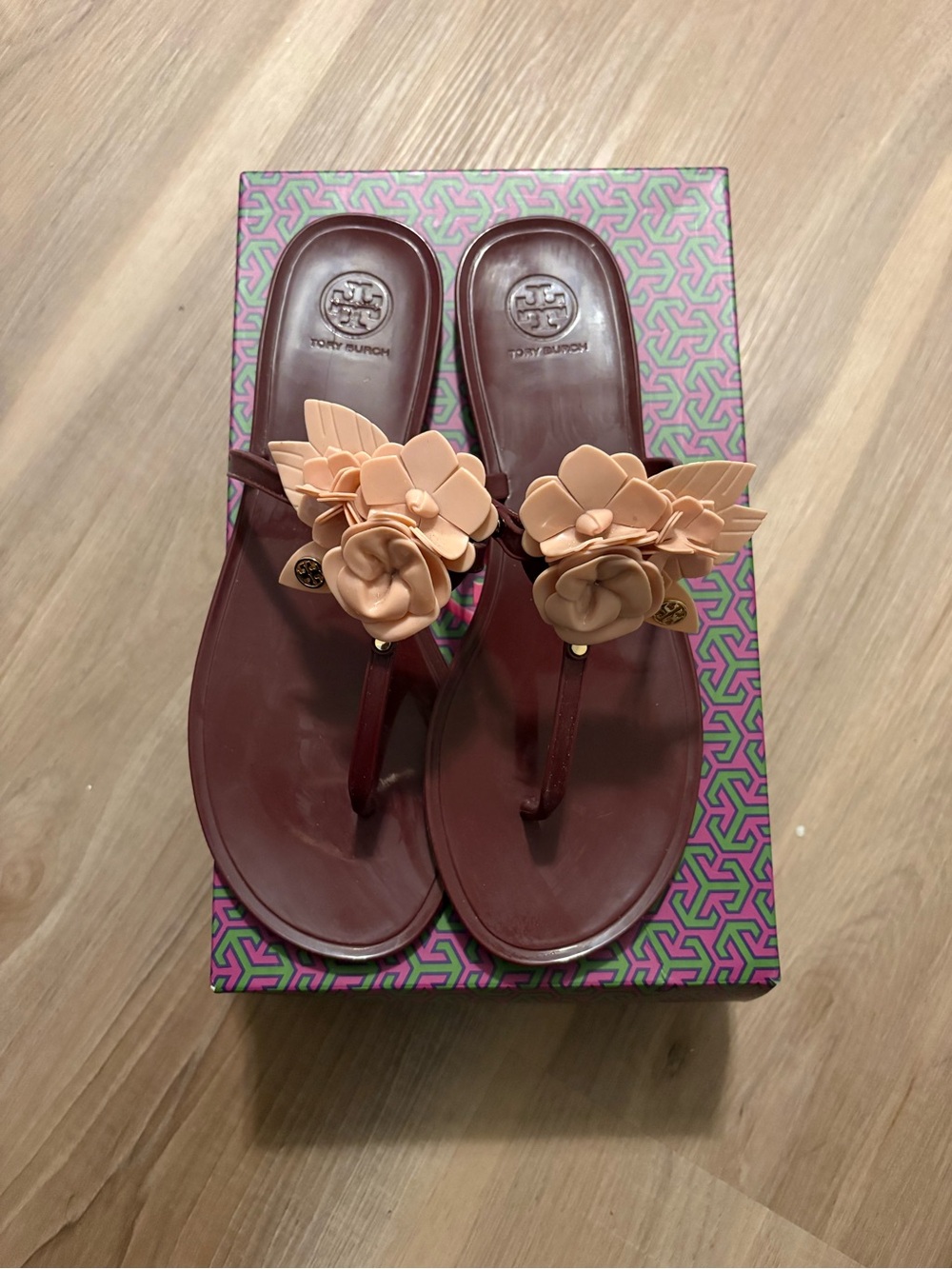 Tory Burch Burgundy Thong Sandals with Blush Floral Appliqués